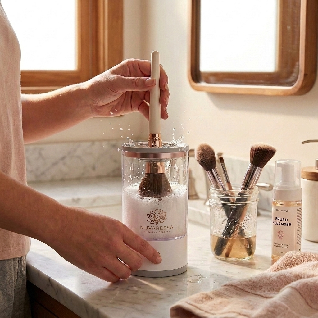 Nuvaressa Compact Makeup Brush Cleaner — in use