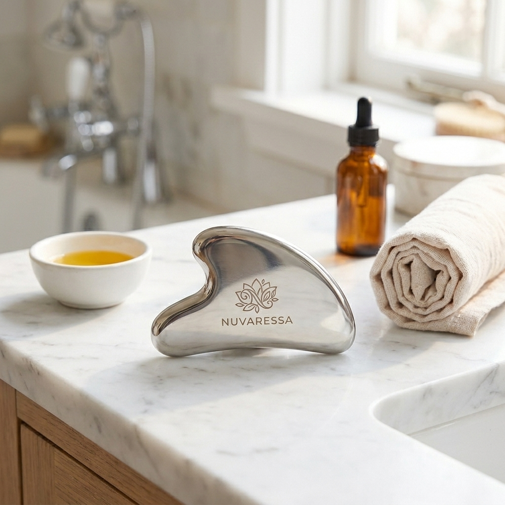 Nuvaressa Stainless Steel Heart Gua Sha - vanity display