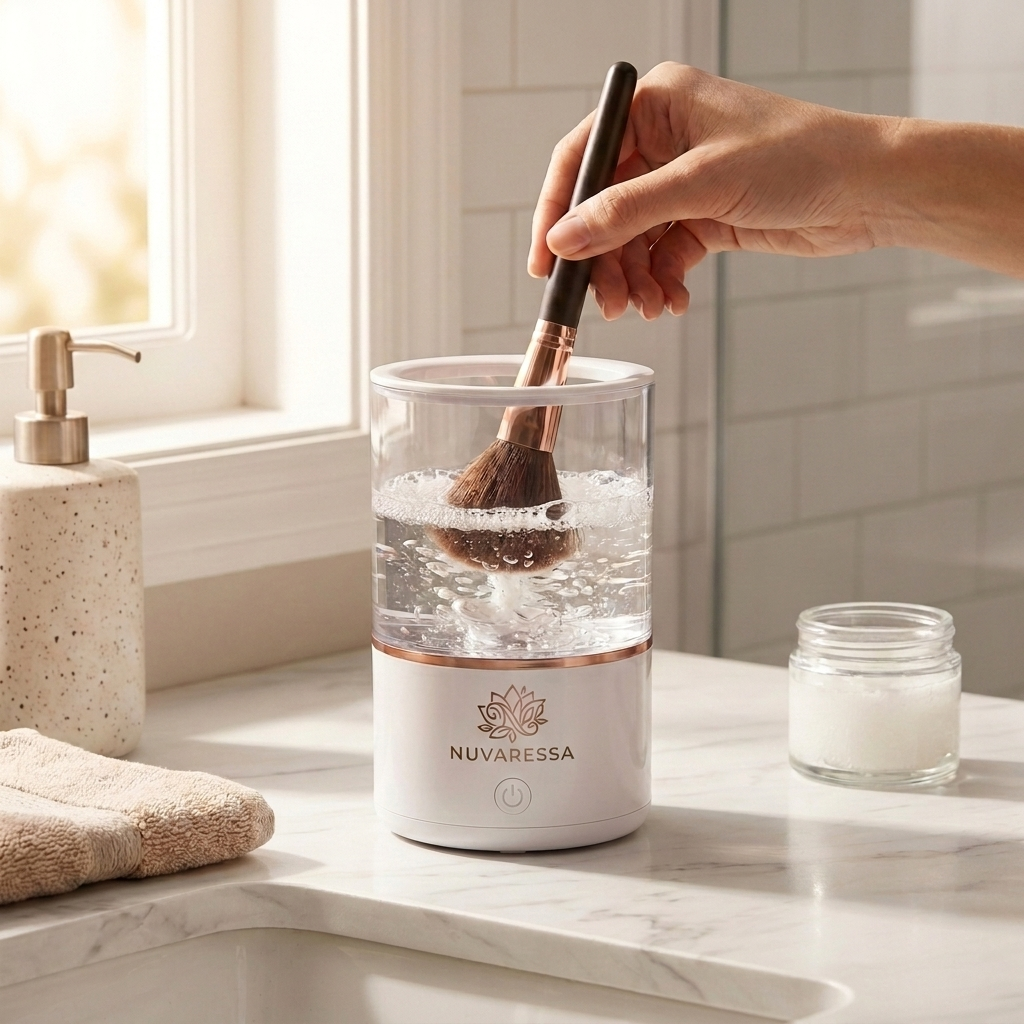 Nuvaressa Makeup Brush Cleaner in use at a sunlit vanity