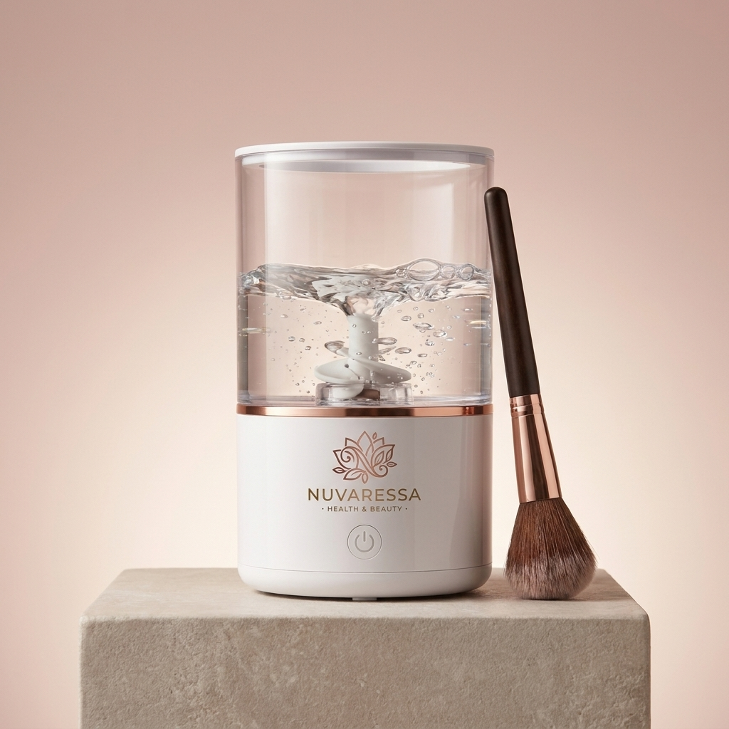 Nuvaressa Makeup Brush Cleaner on a stone pedestal