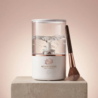 Nuvaressa Makeup Brush Cleaner on a stone pedestal