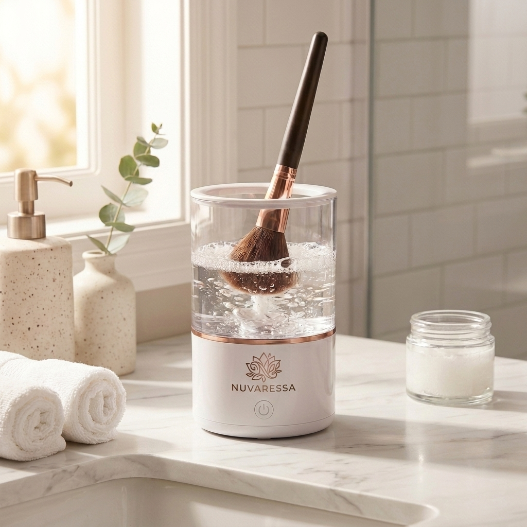 Nuvaressa Makeup Brush Cleaner on a marble vanity