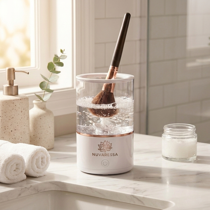 Nuvaressa Makeup Brush Cleaner on a marble vanity