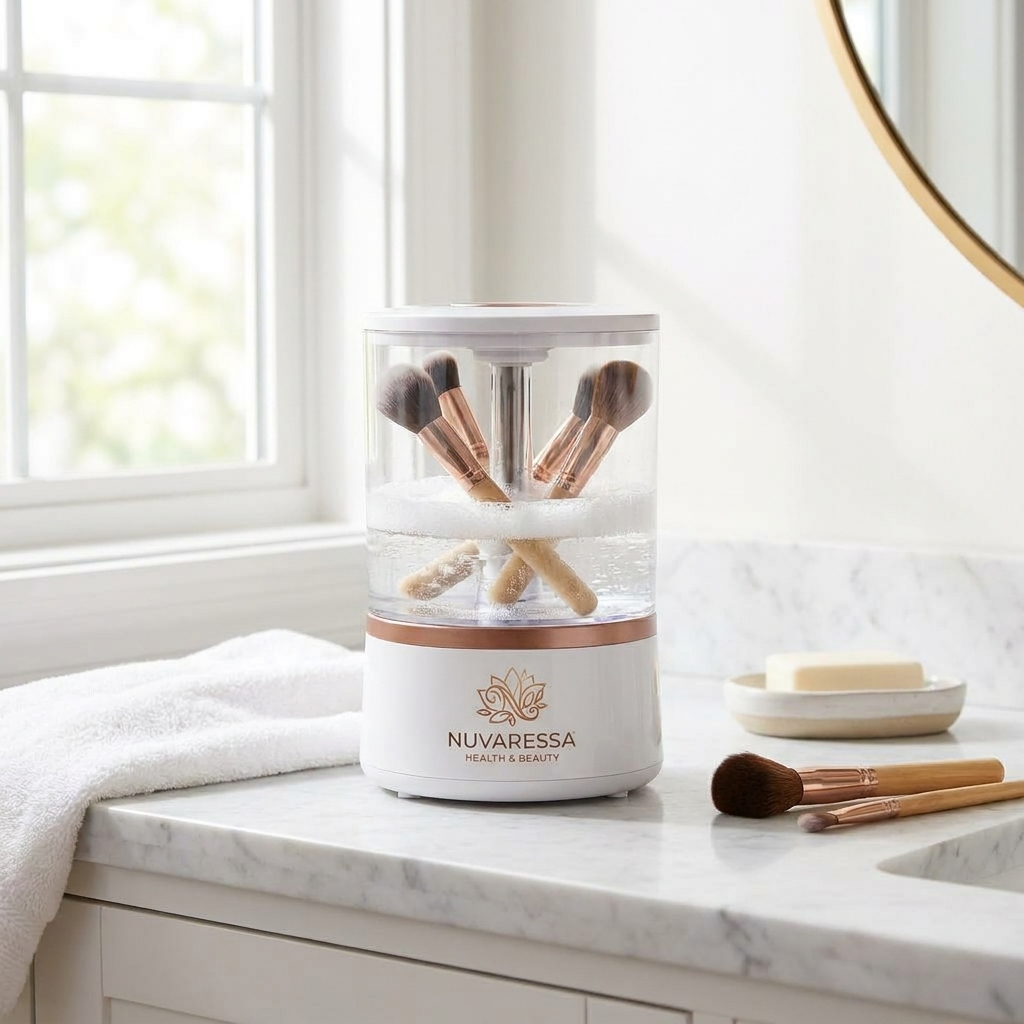 Nuvaressa Automatic Brush Cleaner and Dryer on a marble vanity