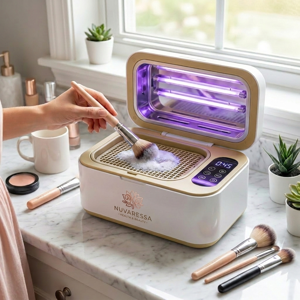 Nuvaressa 5-in-1 Electric Brush Cleaner in use at a makeup table