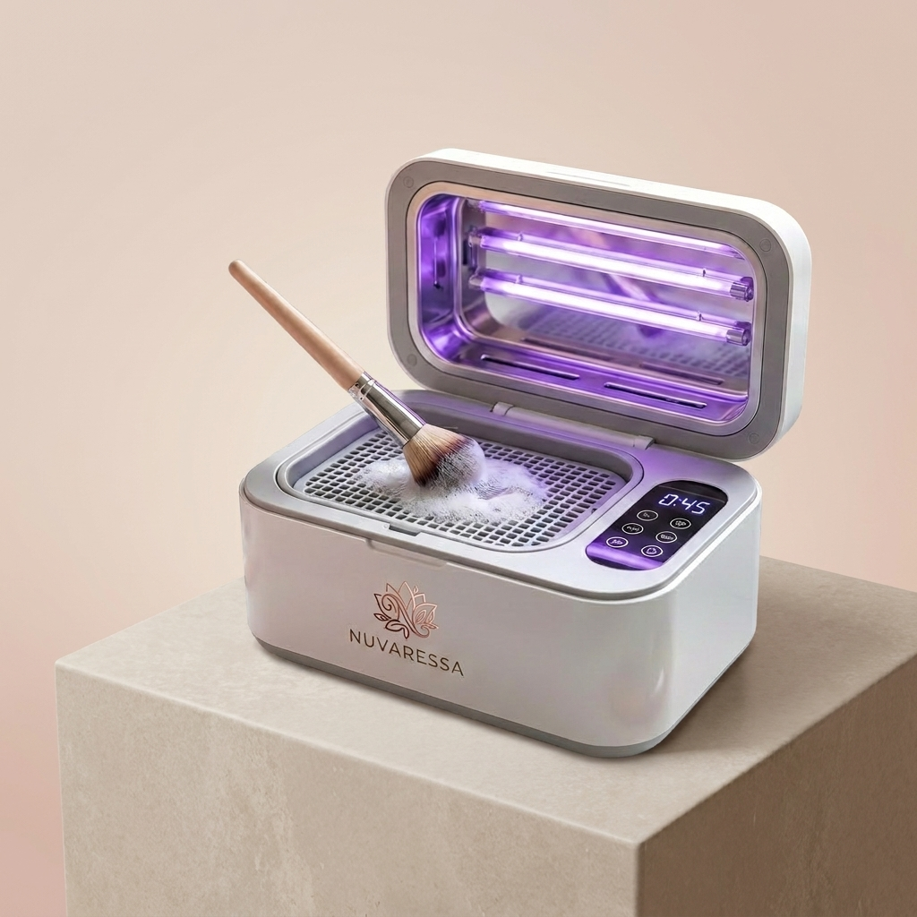 Nuvaressa 5-in-1 Electric Brush Cleaner on a stone pedestal