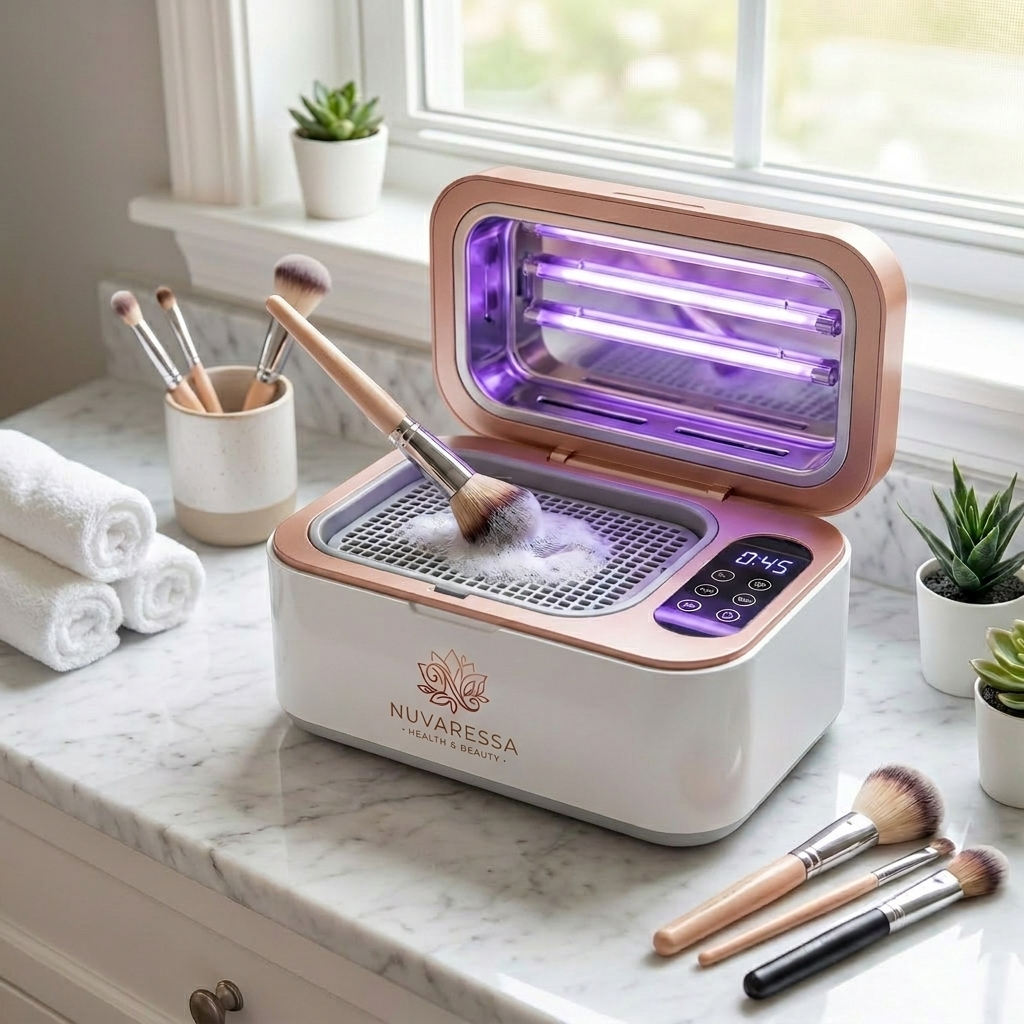 Nuvaressa 5-in-1 Electric Brush Cleaner on a marble vanity