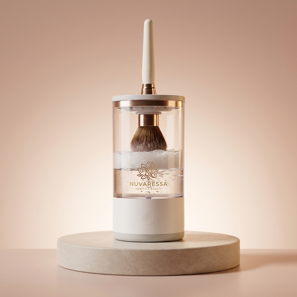 Nuvaressa Compact Makeup Brush Cleaner on a stone pedestal
