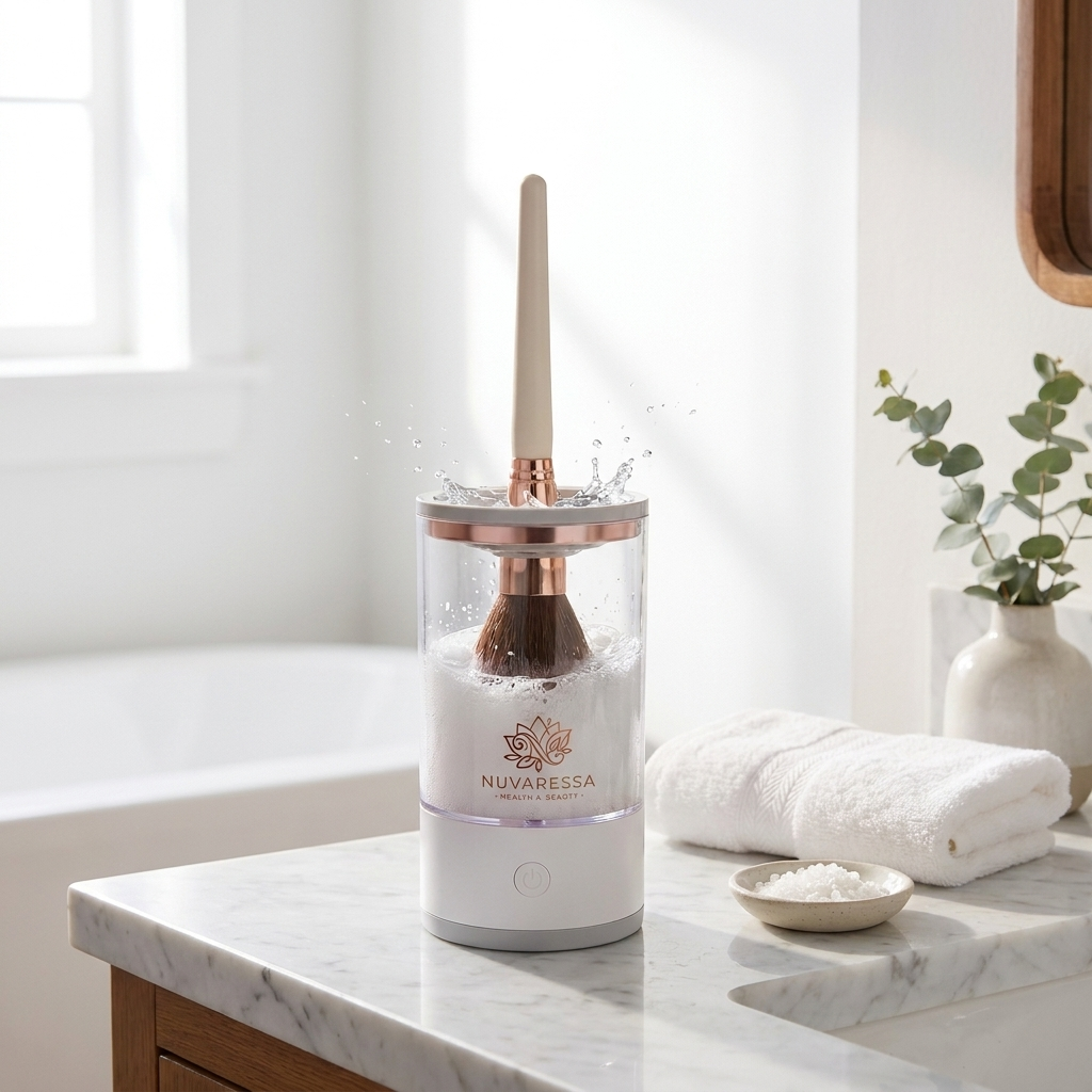 Nuvaressa Compact Makeup Brush Cleaner on a marble vanity