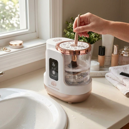Nuvaressa Rechargeable Brush Cleaner in use by the bathroom sink