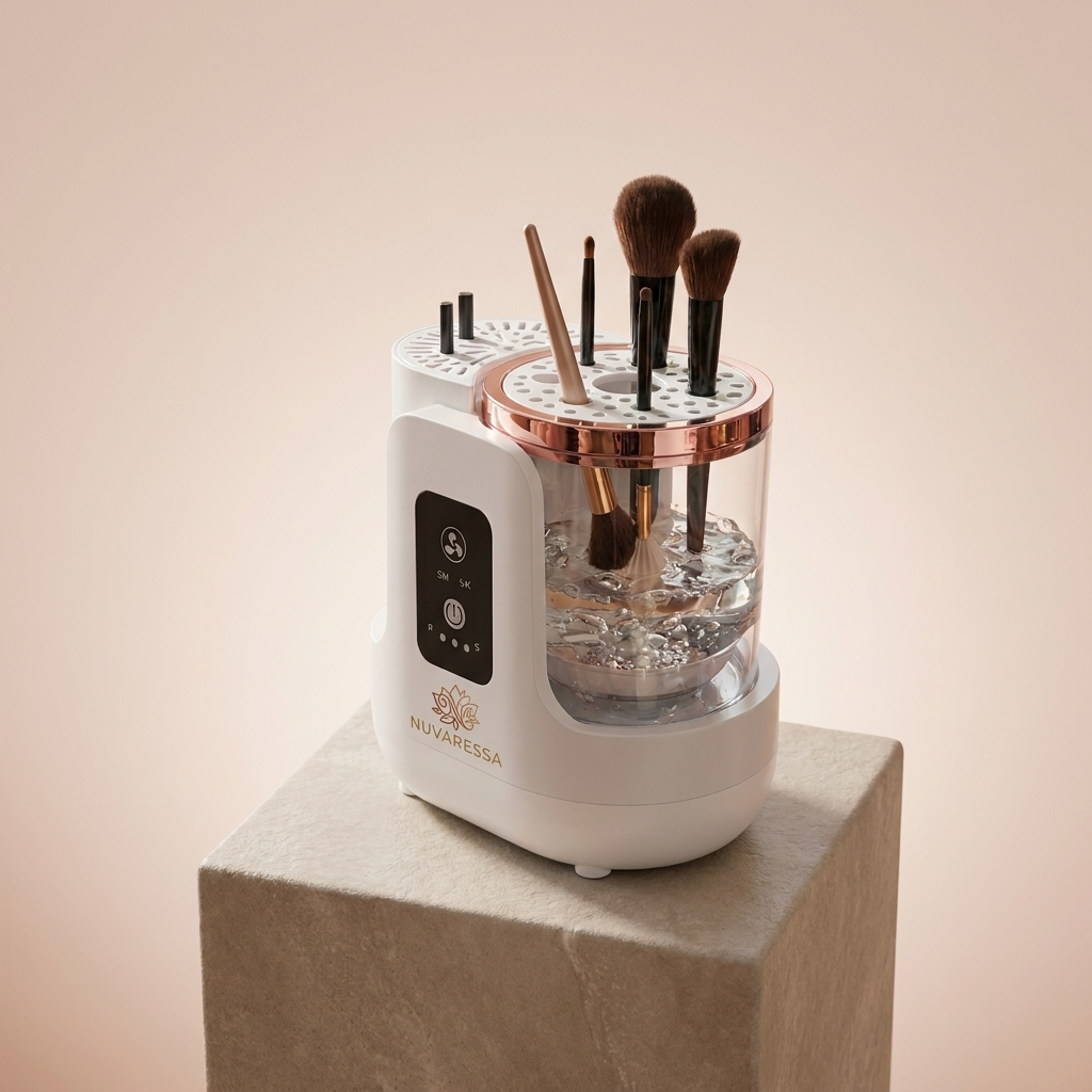 Nuvaressa Rechargeable Brush Cleaner on a stone pedestal