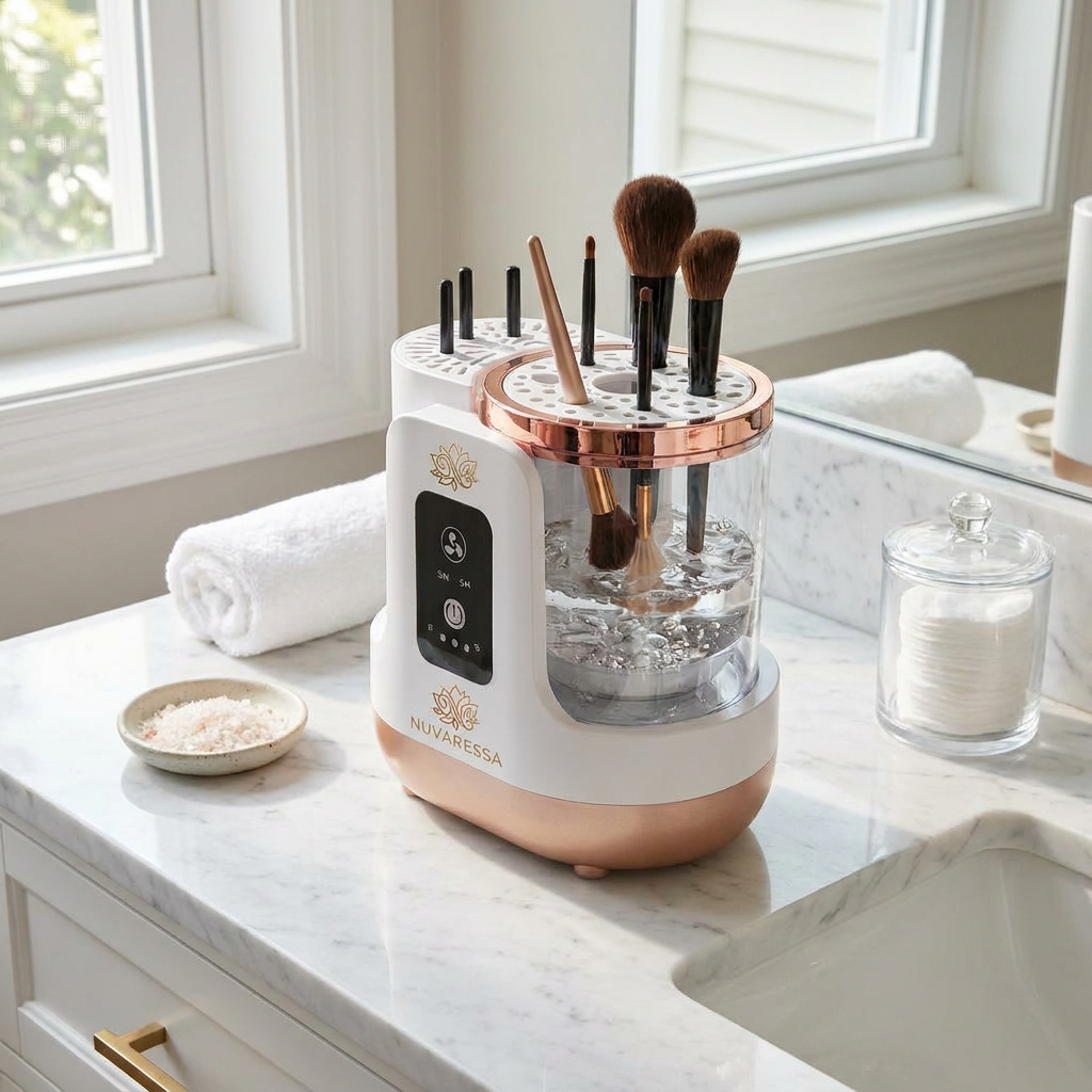 Nuvaressa Rechargeable Brush Cleaner on a marble vanity