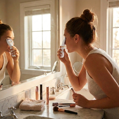 Nuvaressa Heated Electric Eyelash Curler in use at a vanity mirror