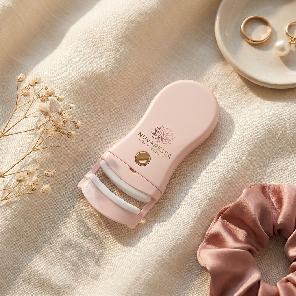 Nuvaressa Cloud Eyelash Curler flat-lay on cream linen