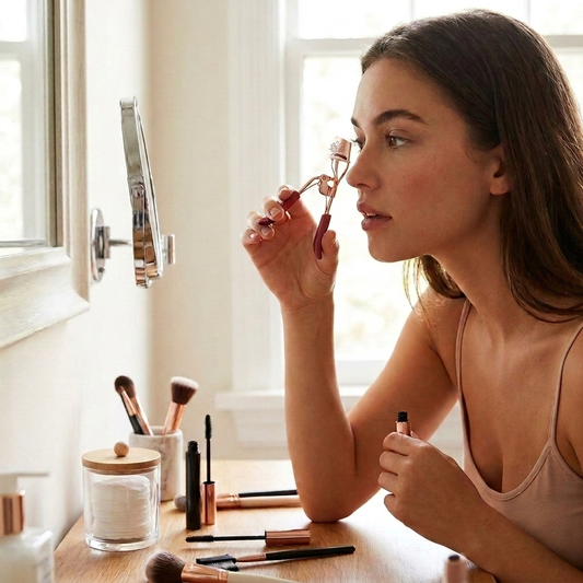 Nuvaressa Classic Eyelash Curler in use at a vanity mirror