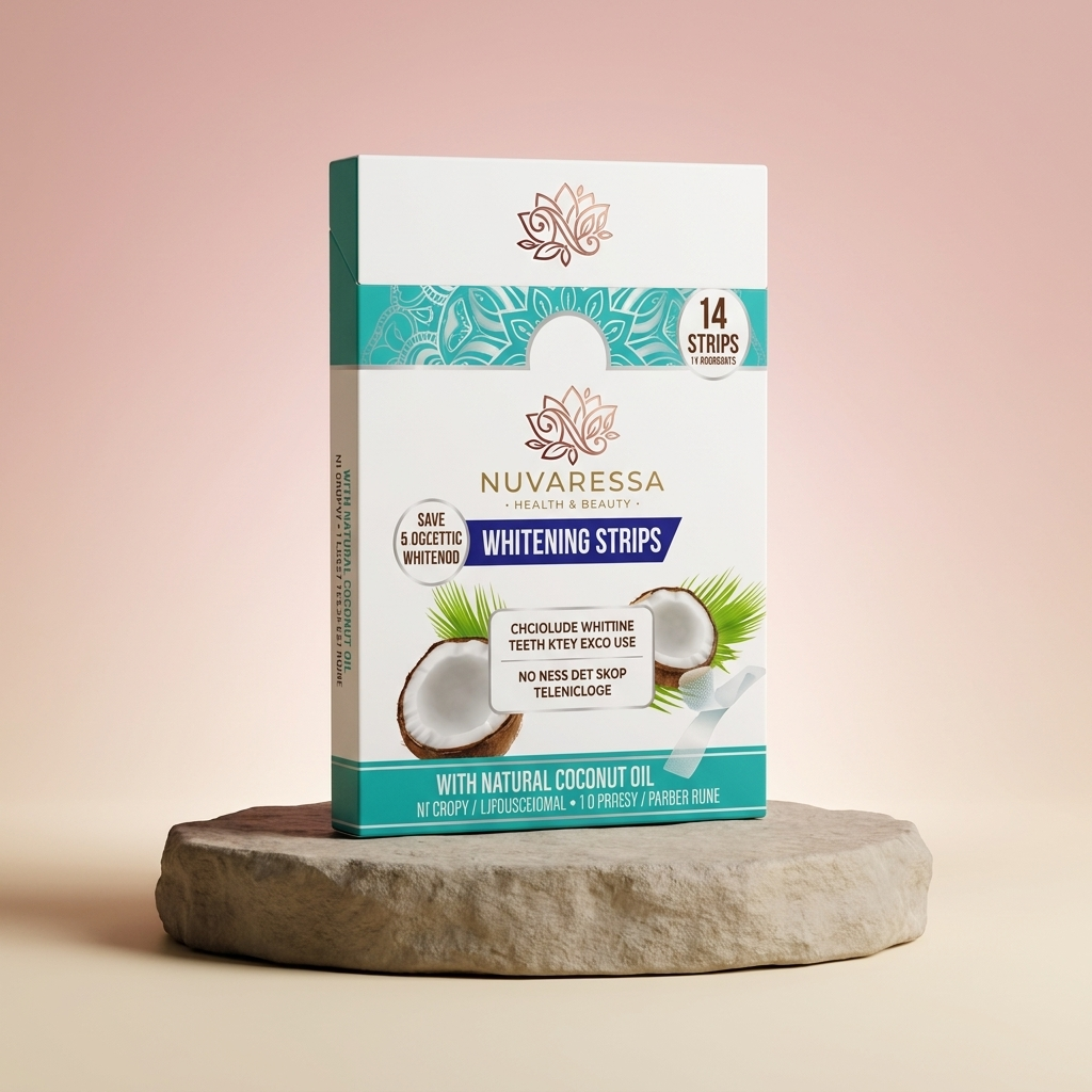 Nuvaressa Coconut Teeth Whitening Strips on a stone pedestal