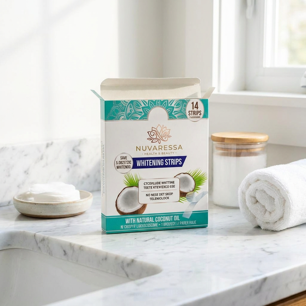 Nuvaressa Coconut Teeth Whitening Strips on a marble vanity