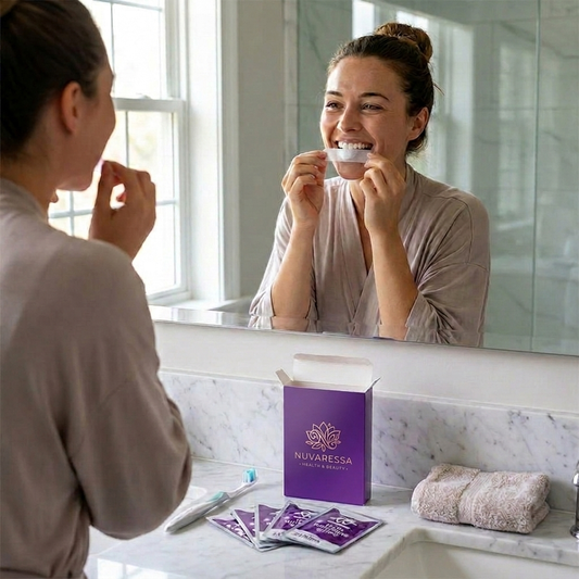 Nuvaressa Teeth Whitening Strips in use at a bathroom mirror