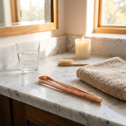 Nuvaressa Copper Tongue Scraper on a marble vanity