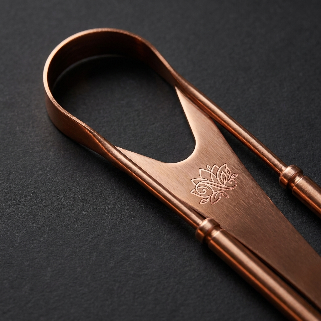 Close-up of the Nuvaressa Copper Tongue Scraper