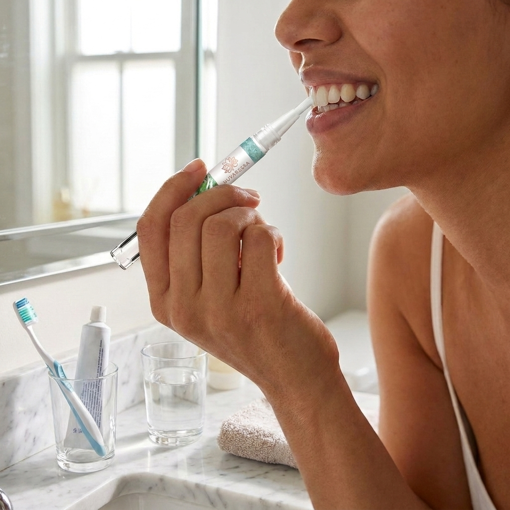 Nuvaressa Teeth Whitening Pen in use at a bathroom mirror