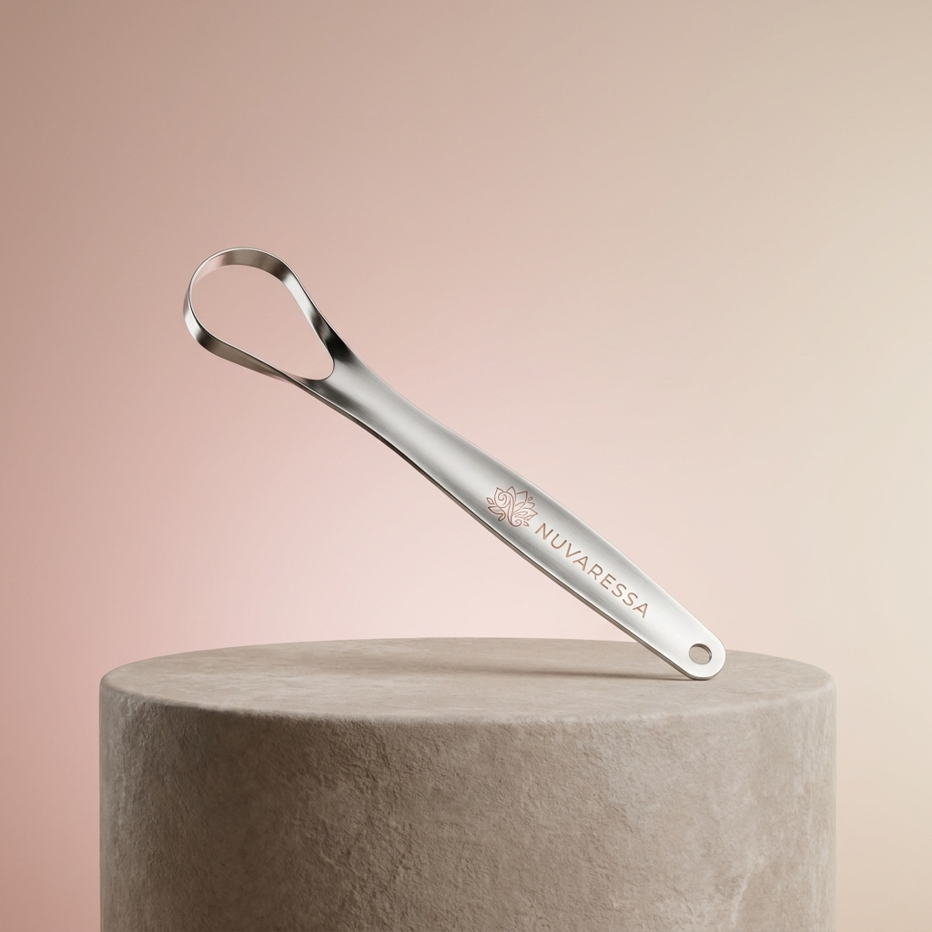 Nuvaressa™ Stainless Steel Tongue Scraper - stone pedestal display