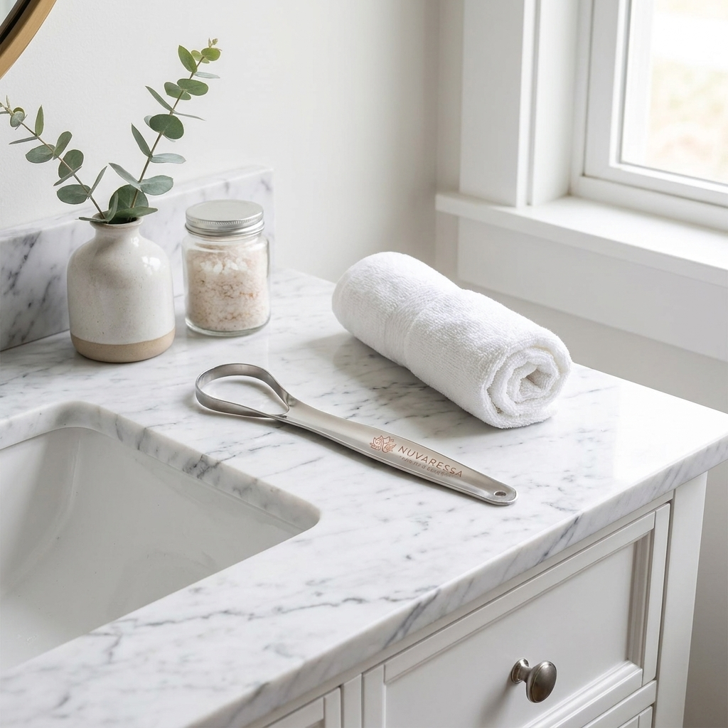 Nuvaressa™ Stainless Steel Tongue Scraper - marble vanity