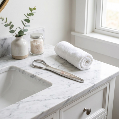 Nuvaressa™ Stainless Steel Tongue Scraper - marble vanity