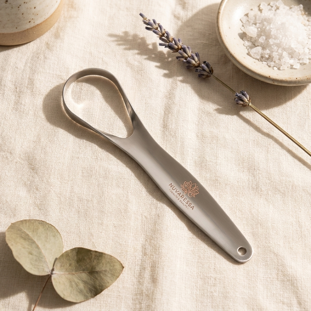 Nuvaressa™ Stainless Steel Tongue Scraper - flat-lay