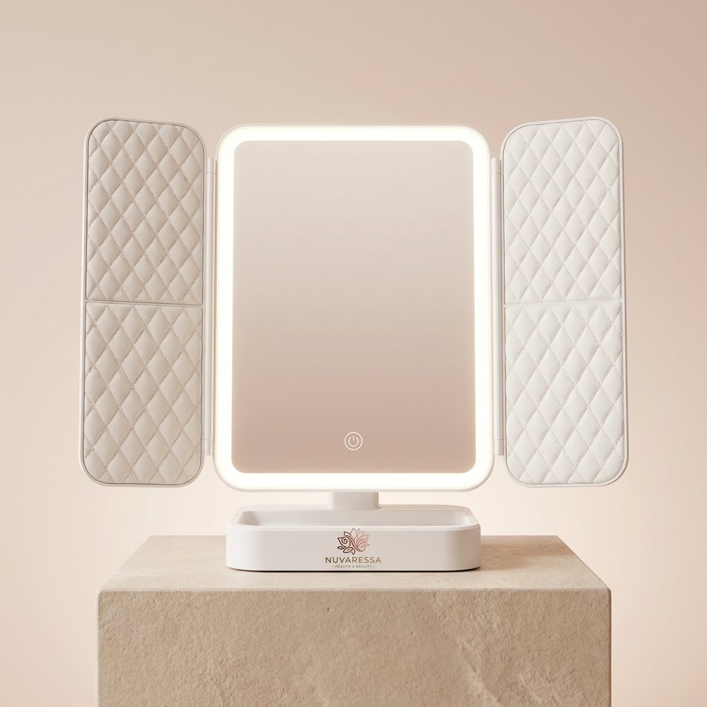 Nuvaressa™ Foldable LED Makeup Mirror - stone pedestal display