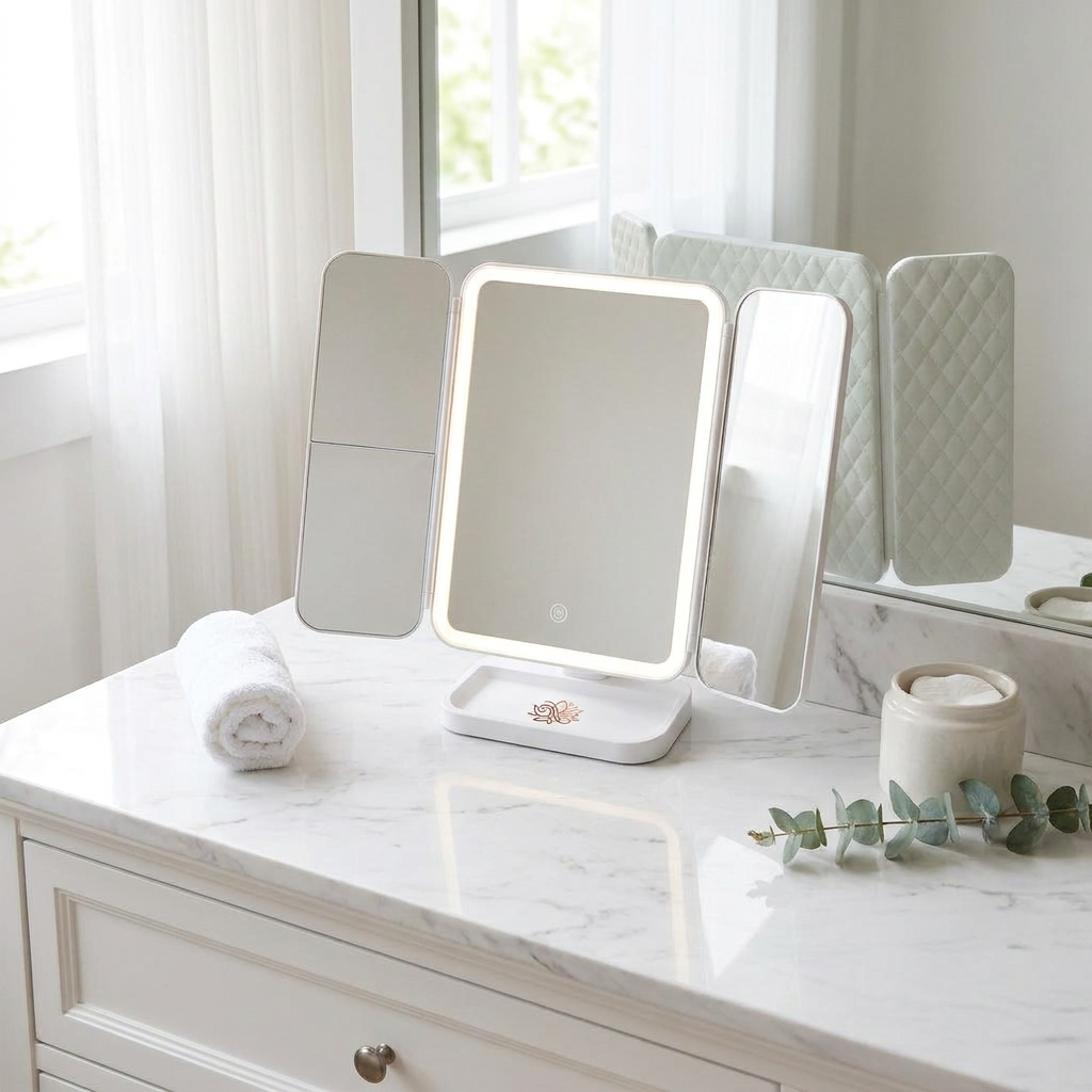 Nuvaressa™ Foldable LED Makeup Mirror - marble vanity