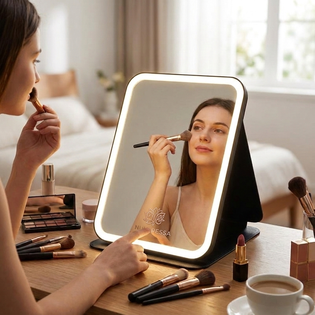 Nuvaressa™ Folding LED Makeup Mirror - lifestyle in use