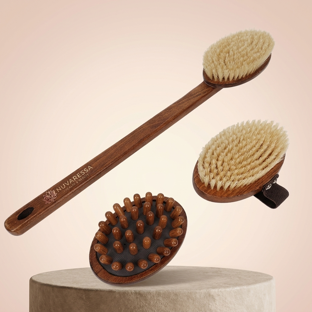 Nuvaressa™ Boar Bristle Dry Body Brush - stone pedestal display