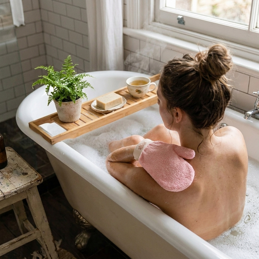Nuvaressa™ Exfoliating Bath Gloves - lifestyle in use
