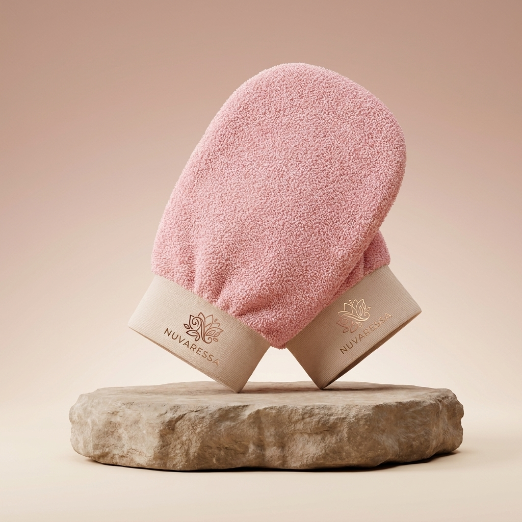 Nuvaressa™ Exfoliating Bath Gloves - stone pedestal display